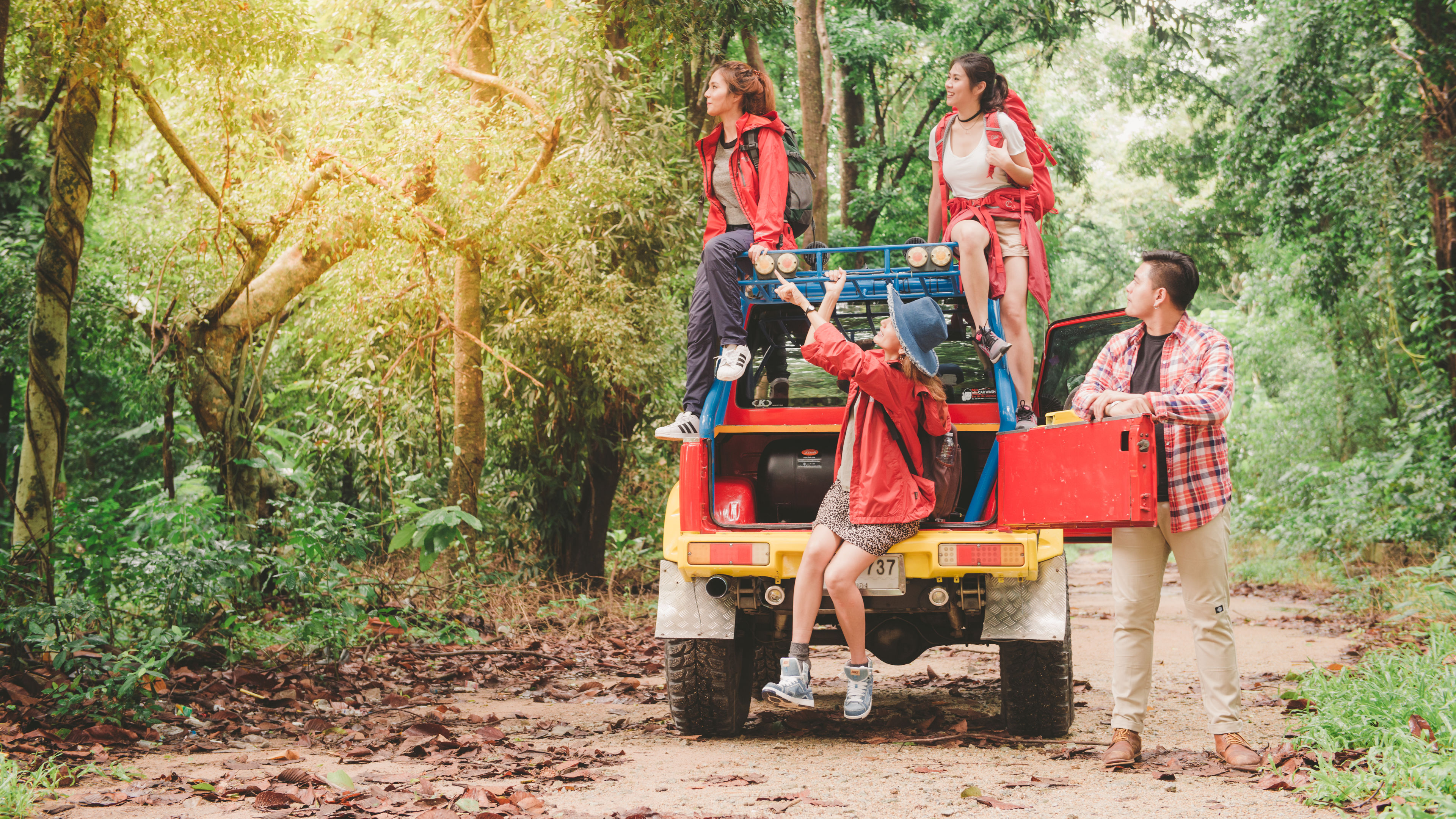 Young travelers are enjoying an adventurous drive off-road through a forest, surrounded by nature 